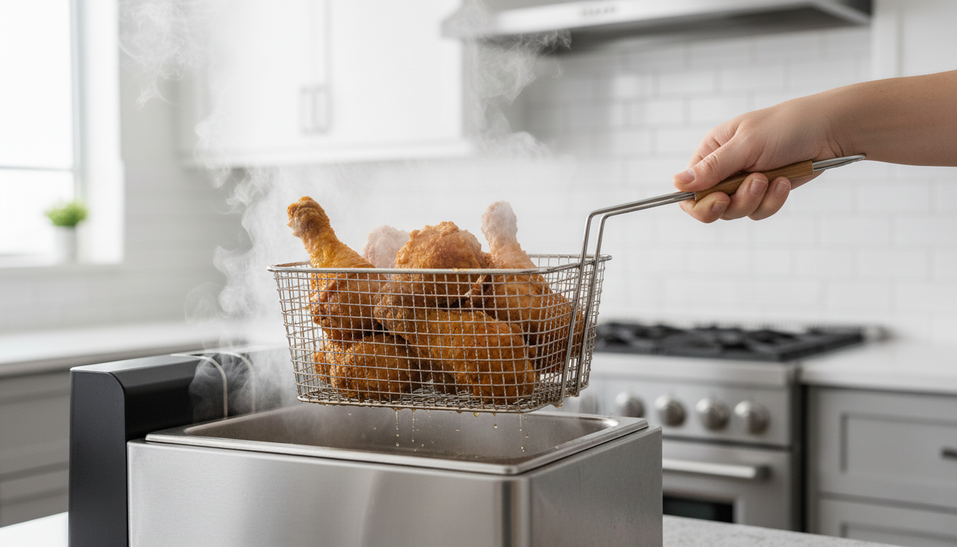 A basket of crispy chickens fried in deep fryer